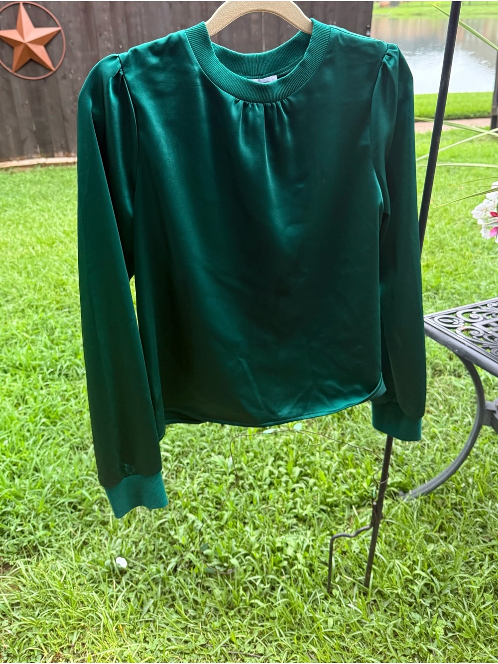 S’EDGE NWT Emerald Green Satin Puff Sleeve Blouse XS $148 Retail